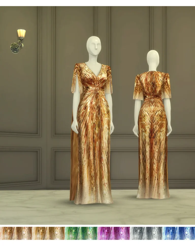 Vista previa de Dazzling Gold Gown (2 Type / 6 Color), crear un sim de rustys-cc para Los Sims 4.