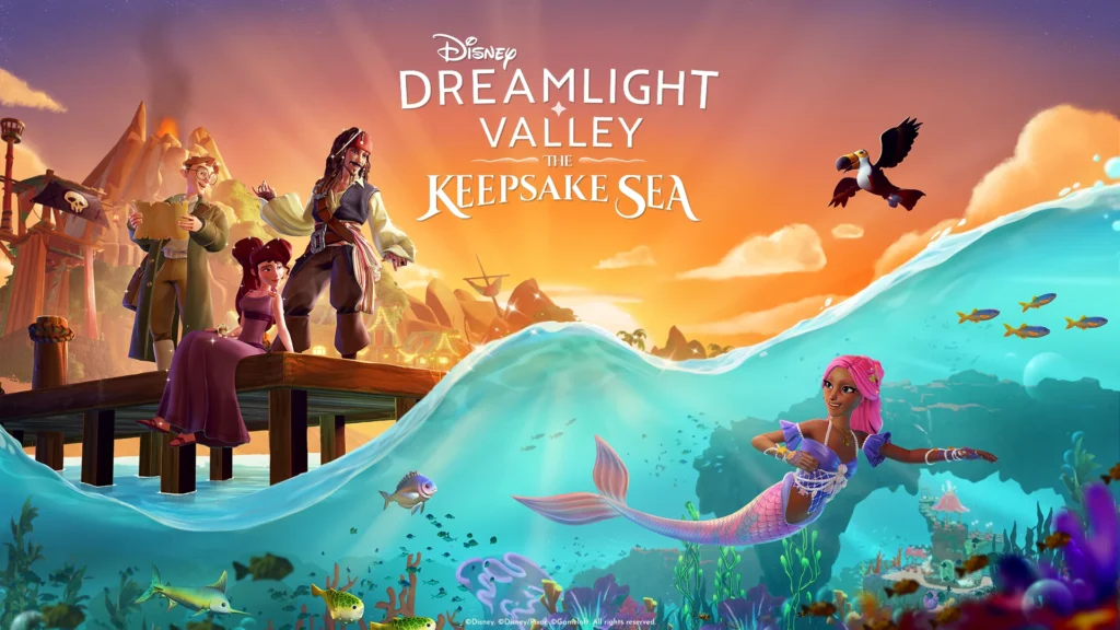 Disney Dreamlight Valley: The Keepsake Sea, con Milo Thatch, Megara y Jack Sparrow en un muelle y una sirena bajo el mar.