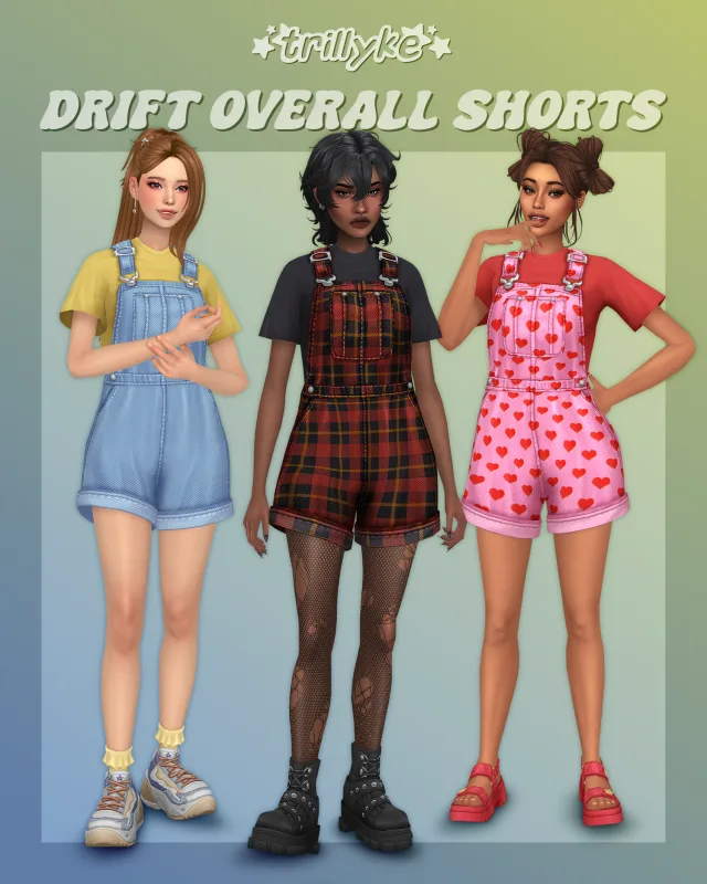 Vista previa de Drift Overall Shorts, ropa de trillyke para Los Sims 4.