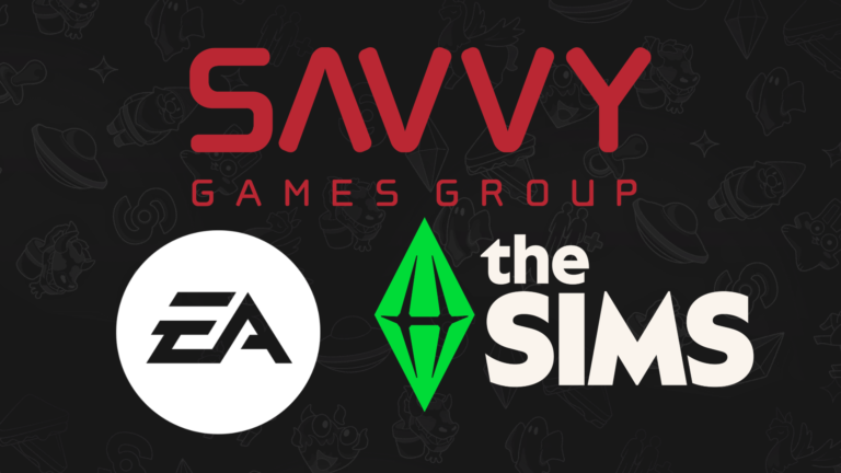 Logotipos de Savvy Games Group, Electronic Arts y Los Sims sobre un fondo oscuro.