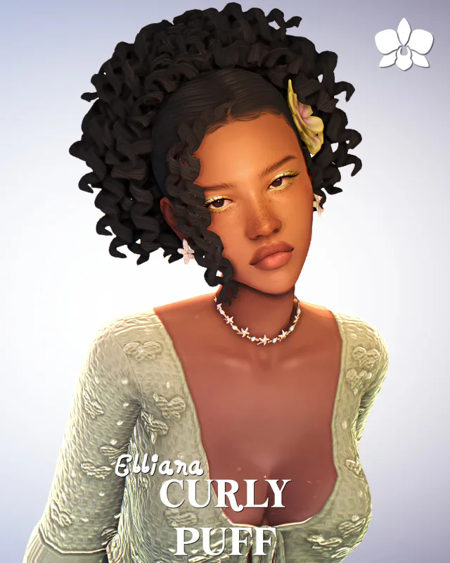 Vista previa de Elliana curly puff early access juego base, cabello de orchiona para Los Sims 4.