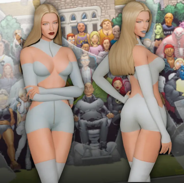Vista previa de EMMA FROST NEW X-MEN CC SET - Top, Bottom, Gloves, ropa de jessiminesims para Los Sims 4.