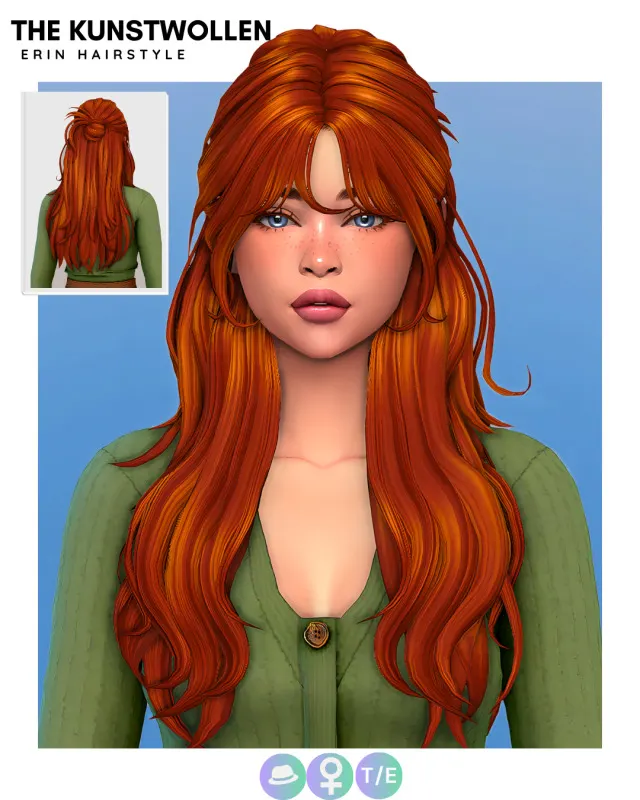 Erin: cabello largo Maxis Match de The Kunstwollen para Los Sims 4.