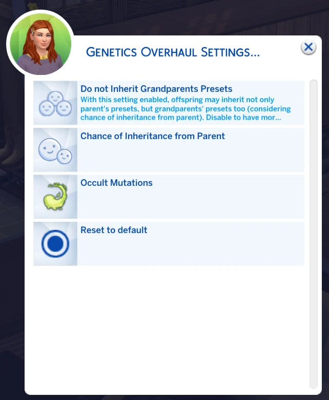 Menú Genetics Overhaul Settings con herencia de abuelos, probabilidades y mutaciones.