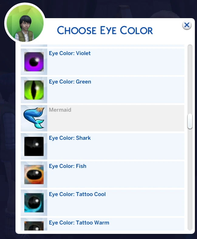 Selección de colores de ojos de vampiros y sirenas en Genetics Overhaul.