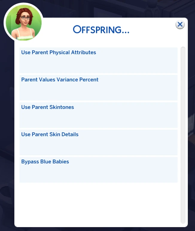 Menú Offspring de MCCC con Use Parent Physical Attributes y Use Parent Skintones.