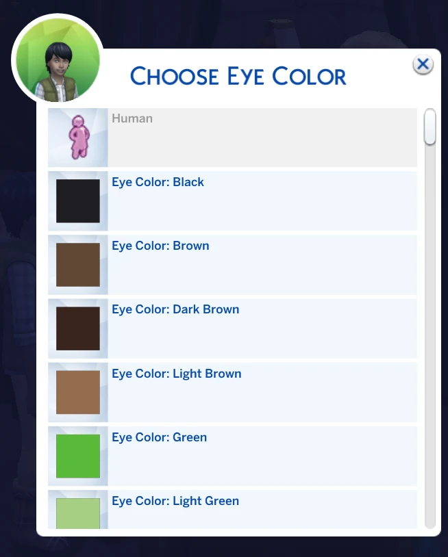 Menú Choose Eye Color con colores de ojos humanos en Genetics Overhaul.