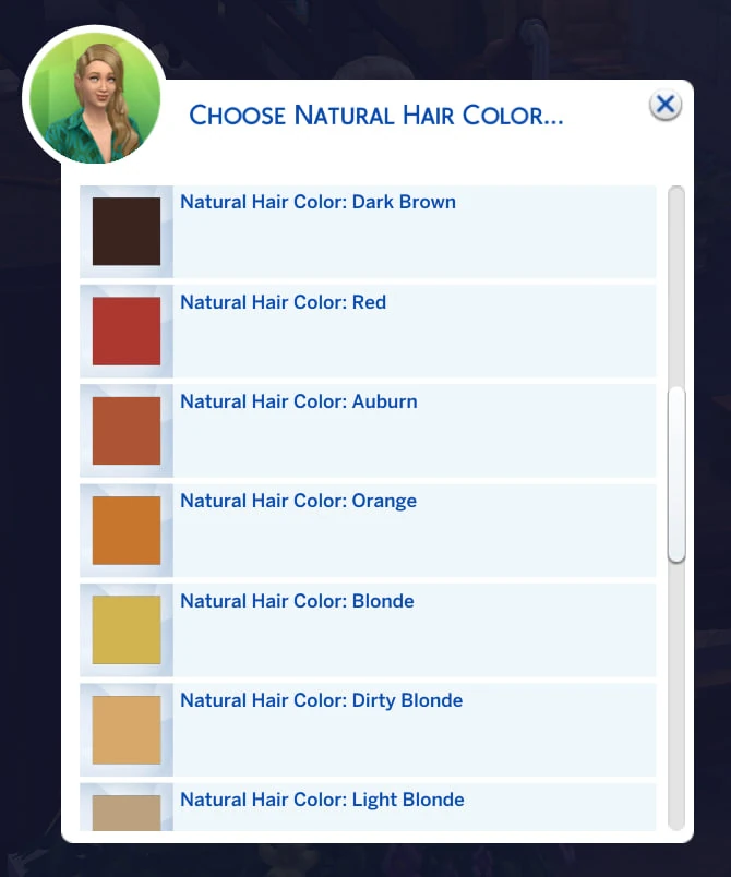 Menú Choose Natural Hair Color con los tonos de pelo heredables en Los Sims 4.