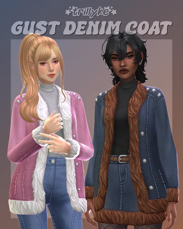 Vista previa de Gust Denim Coat, cabello de trillyke para Los Sims 4.