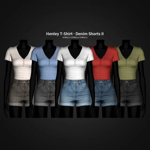 Vista previa de Henley T-Shirt · Denim Shorts II, ropa de gorillax3-cc para Los Sims 4.