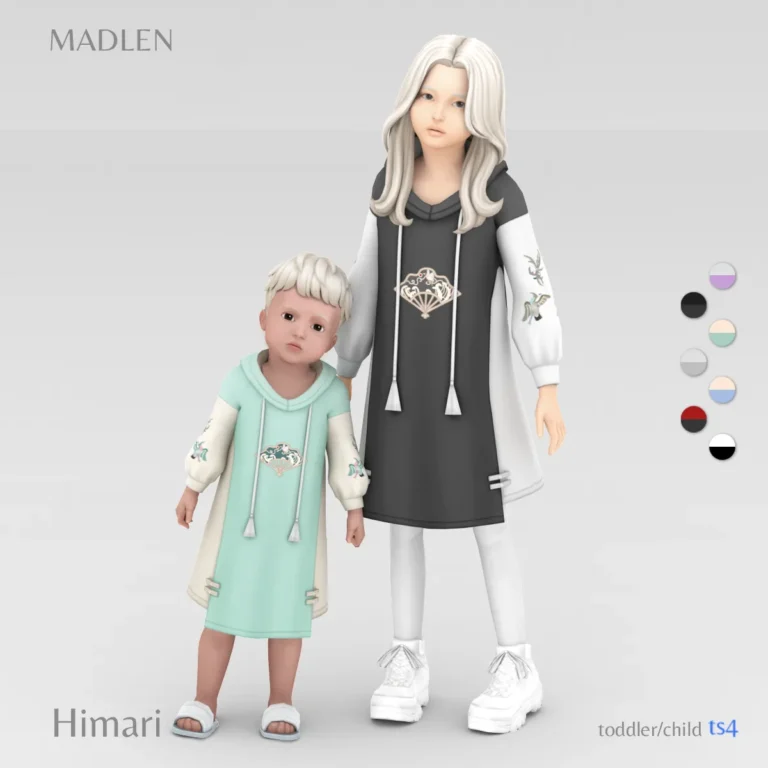 Vista previa de Himari conjunto embroidered loose hooded vestido, ropa de madlensims para Los Sims 4.