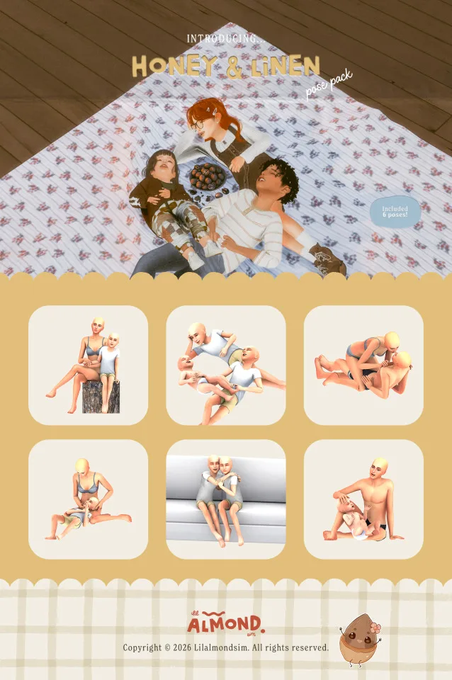 Vista previa de Honey & Linen ꒰𝑝𝑜𝑠𝑒 𝑝𝑎𝑐𝑘꒱, poses de lilalmondsim para Los Sims 4.