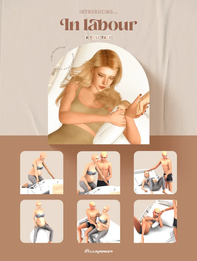 Vista previa de In labour — 𝒑𝒐𝒔𝒆 𝒑𝒂𝒄𝒌, poses de lilalmondsim para Los Sims 4.