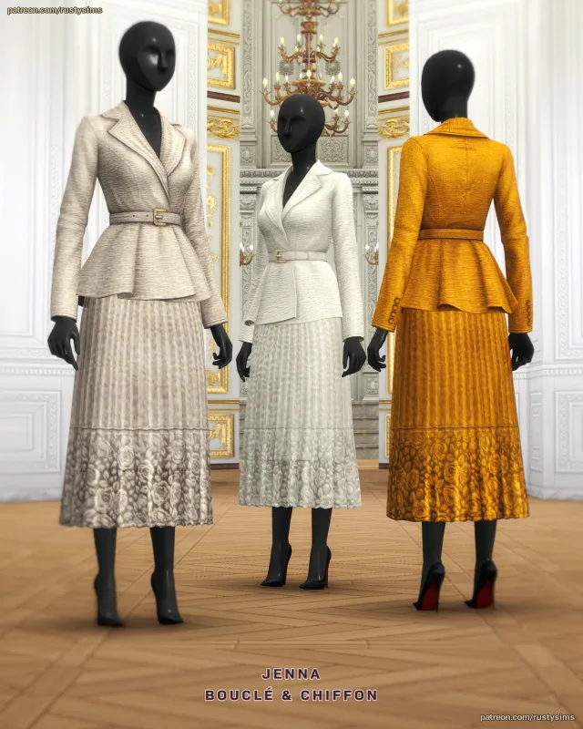 Vista previa de JENNA Tailored Bouclé & Chiffon Set, ropa de rustys-cc para Los Sims 4.