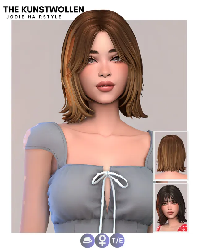 Jodie: cabello con y sin flequillo de The Kunstwollen para Los Sims 4.