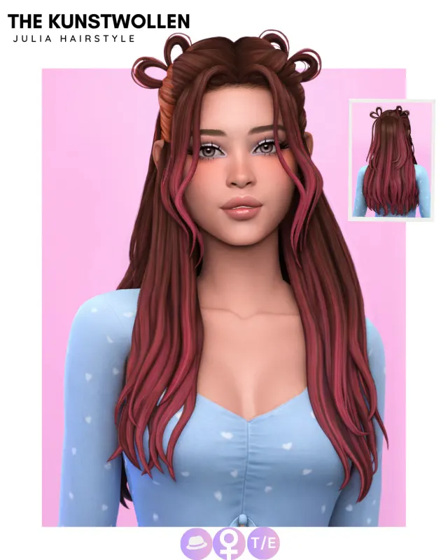Julia: cabello romántico inspirado en San Valentín de The Kunstwollen para Los Sims 4.