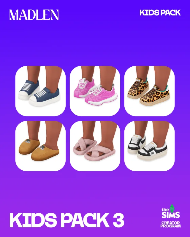 Vista previa de Kids pack 3 slippers for naps sneakers for chaos, zapatos de madlensims para Los Sims 4.