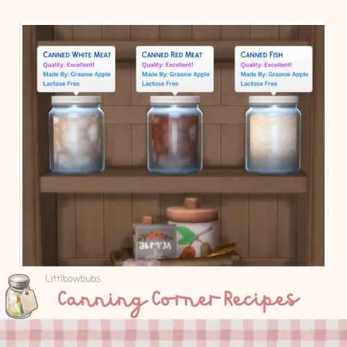 Vista previa de Lbb homestead canningrecipe cannedmeats, mods de littlbowbub para Los Sims 4.