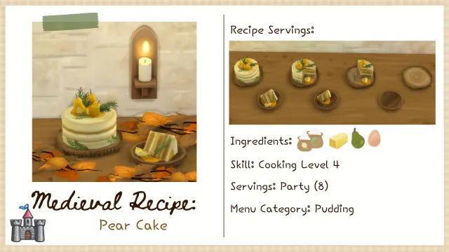 Vista previa de Lbb medievalrecipe pudding pearcake, mods de littlbowbub para Los Sims 4.