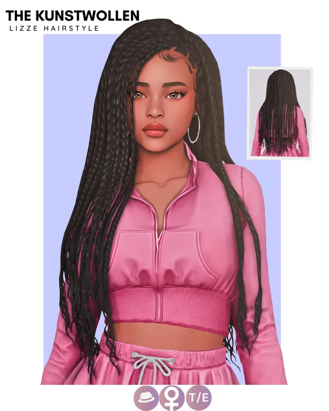 Lizze: cabello largo con trenzas de The Kunstwollen para Los Sims 4.