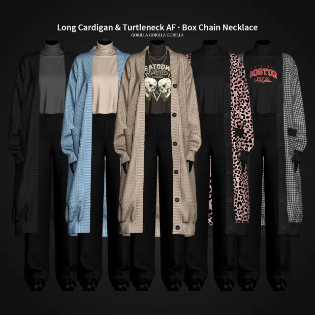 Vista previa de Long Cardigan & Turtleneck AF · Box Chain Necklace AF, accesorios de gorillax3-cc para Los Sims 4.
