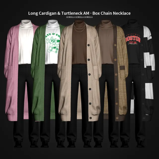 Vista previa de Long Cardigan & Turtleneck AM · Box Chain Necklace AM, accesorios de gorillax3-cc para Los Sims 4.