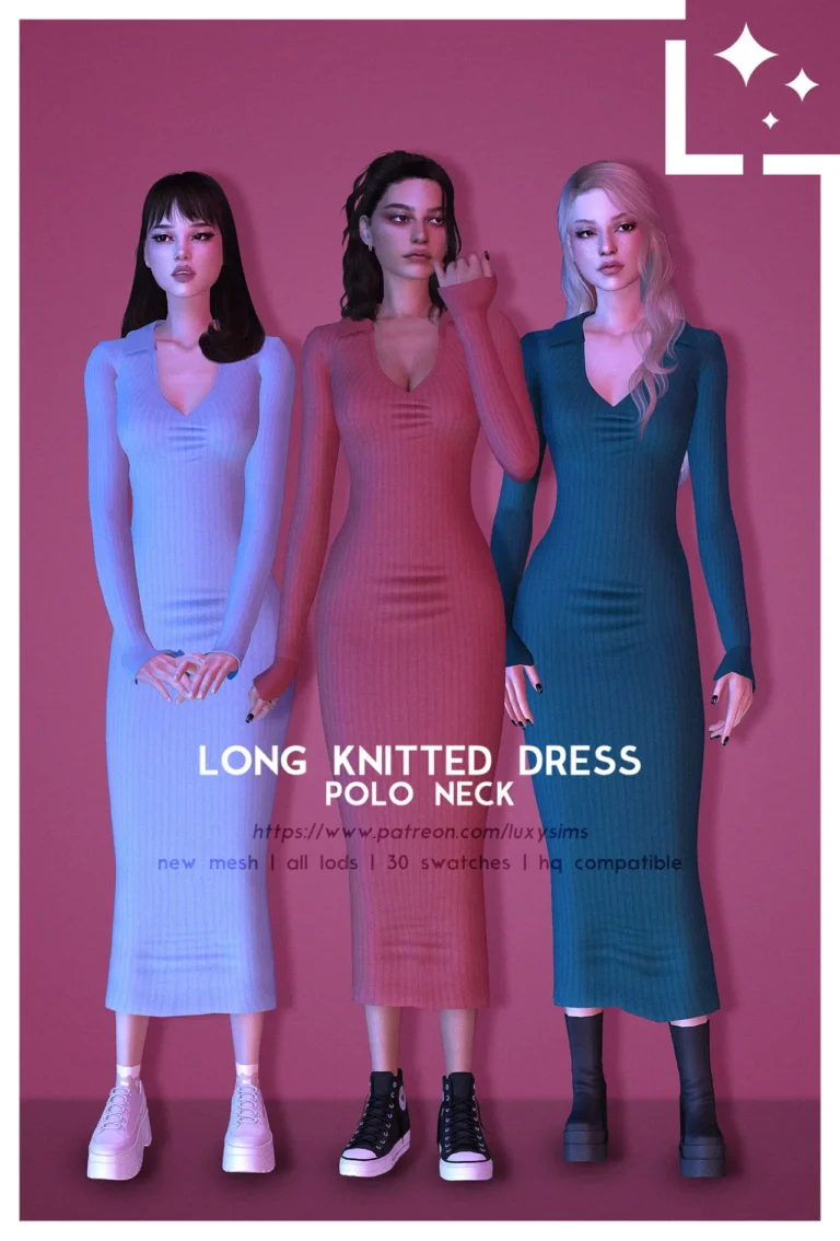 Vista previa de Long Knitted vestido- PoloNeck, ropa de luxysims para Los Sims 4.