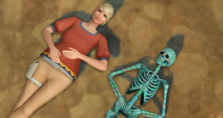 Sim rubia y esqueleto turquesa tumbados en el suelo en Los Sims 4 Aventura en la Selva