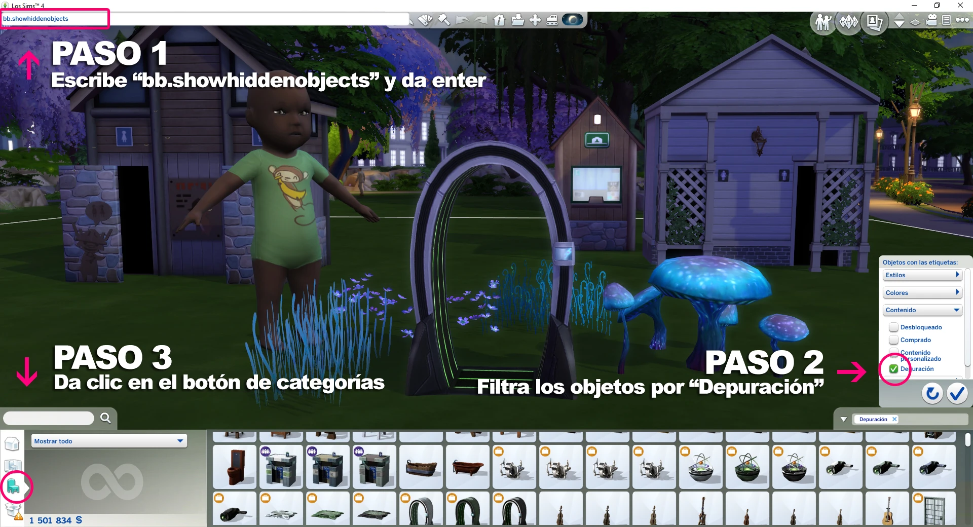 Captura original con los pasos para encontrar objetos de depuración en el catálogo de Los Sims 4
