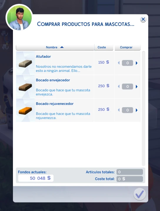 Menú para comprar bocados veterinarios en Los Sims 4