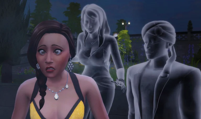 Una Sim junto a dos fantasmas durante una noche de Los Sims 4 y Las Cuatro Estaciones