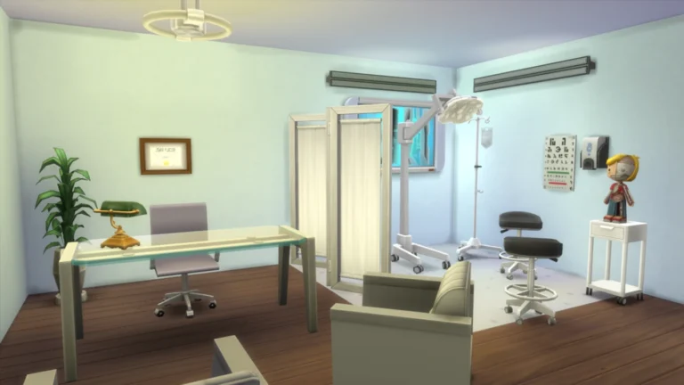 Consultorio médico con aparatos de la profesión de Medicina en Los Sims 4