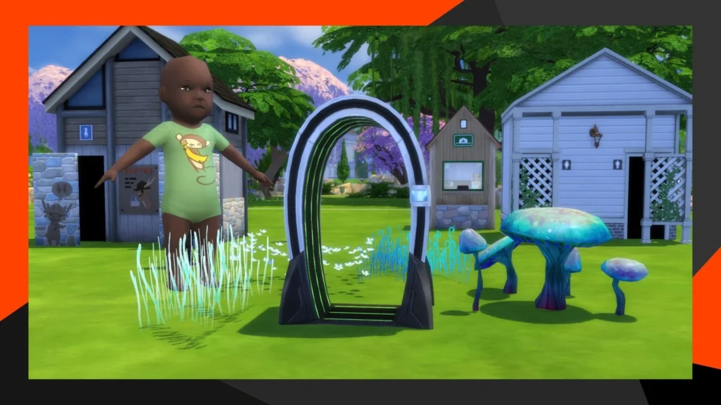 Objetos de depuración colocados en un jardín de Los Sims 4