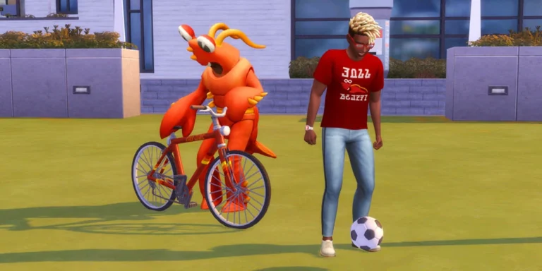 Un estudiante juega con un balón junto a la mascota de Foxbury y una bicicleta en Los Sims 4