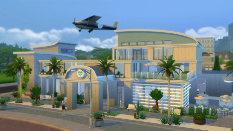 Hospital de TheSimplyNando en Los Sims 4, con entrada ajardinada y fachada moderna
