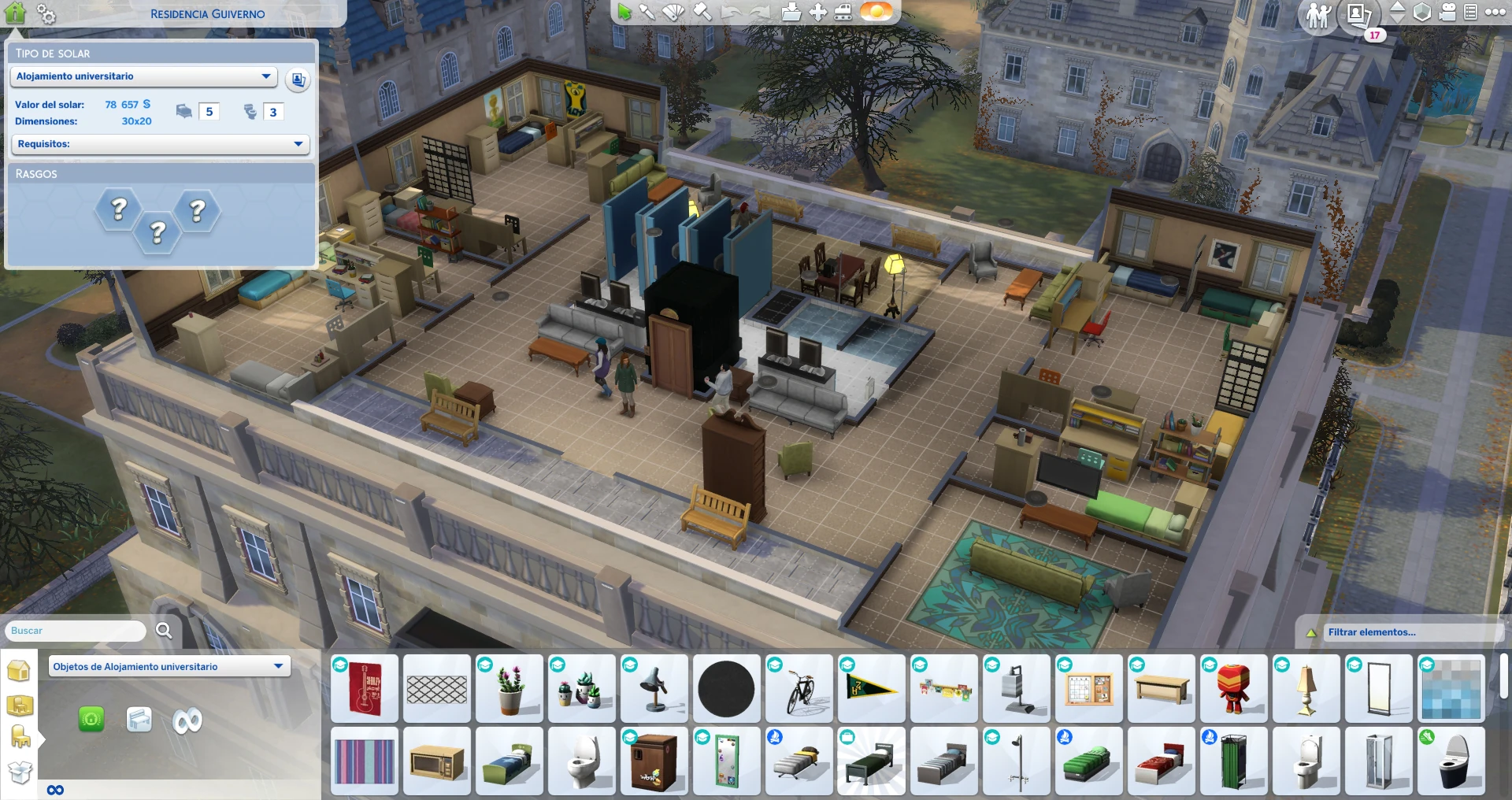 Residencia universitaria de Los Sims 4 abierta en el modo Construir, con dormitorios y zonas comunes