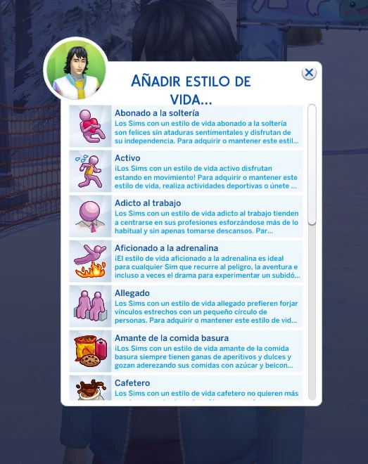 Lista de estilos de vida disponibles en el menú de trucos de Los Sims 4