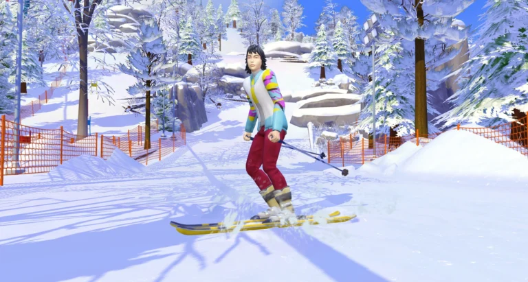 Un Sim esquiando en las pistas nevadas del monte Komorebi en Los Sims 4
