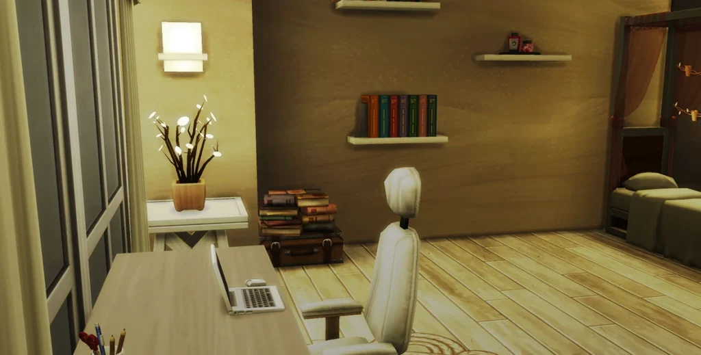 Estudio de escritor con escritorio, ordenador y estanterías en Los Sims 4