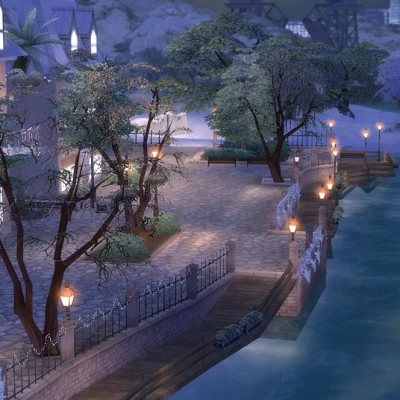 Barrio cubierto de nieve con el mod First Snow de Los Sims 4