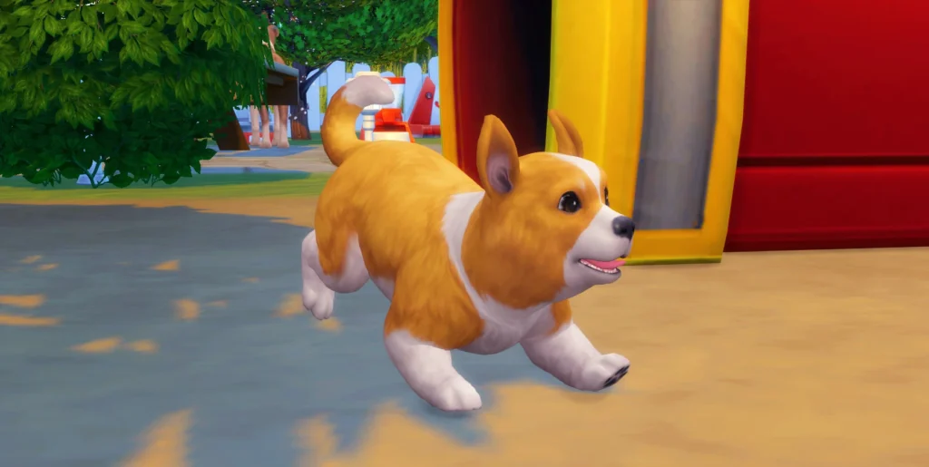 Cachorro corriendo junto a una caseta en Los Sims 4 Perros y Gatos