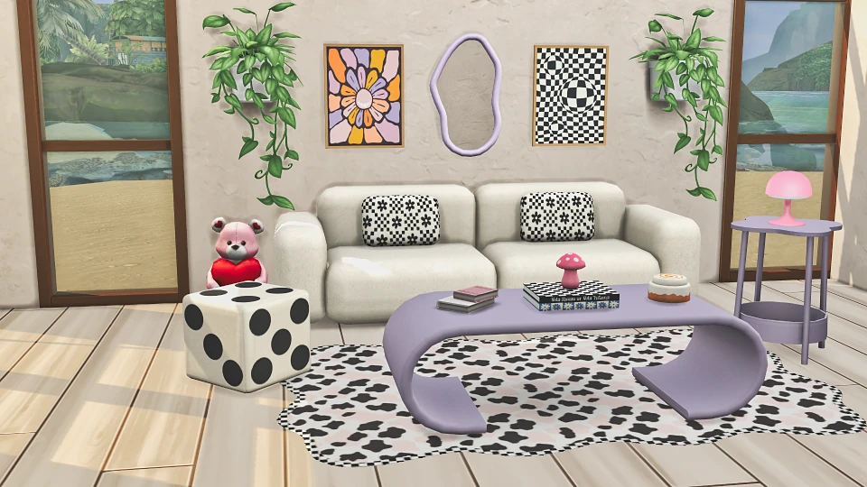 Sala de Jasmine Set en Los Sims 4 con sofá blanco, mesa lila curva, taburete de dado y plantas colgantes.