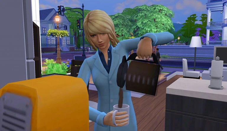 Una Sim sirviendo café en Los Sims 4