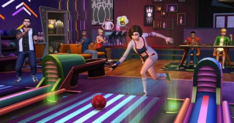 Sims jugando en una bolera iluminada con luces de neón en Los Sims 4
