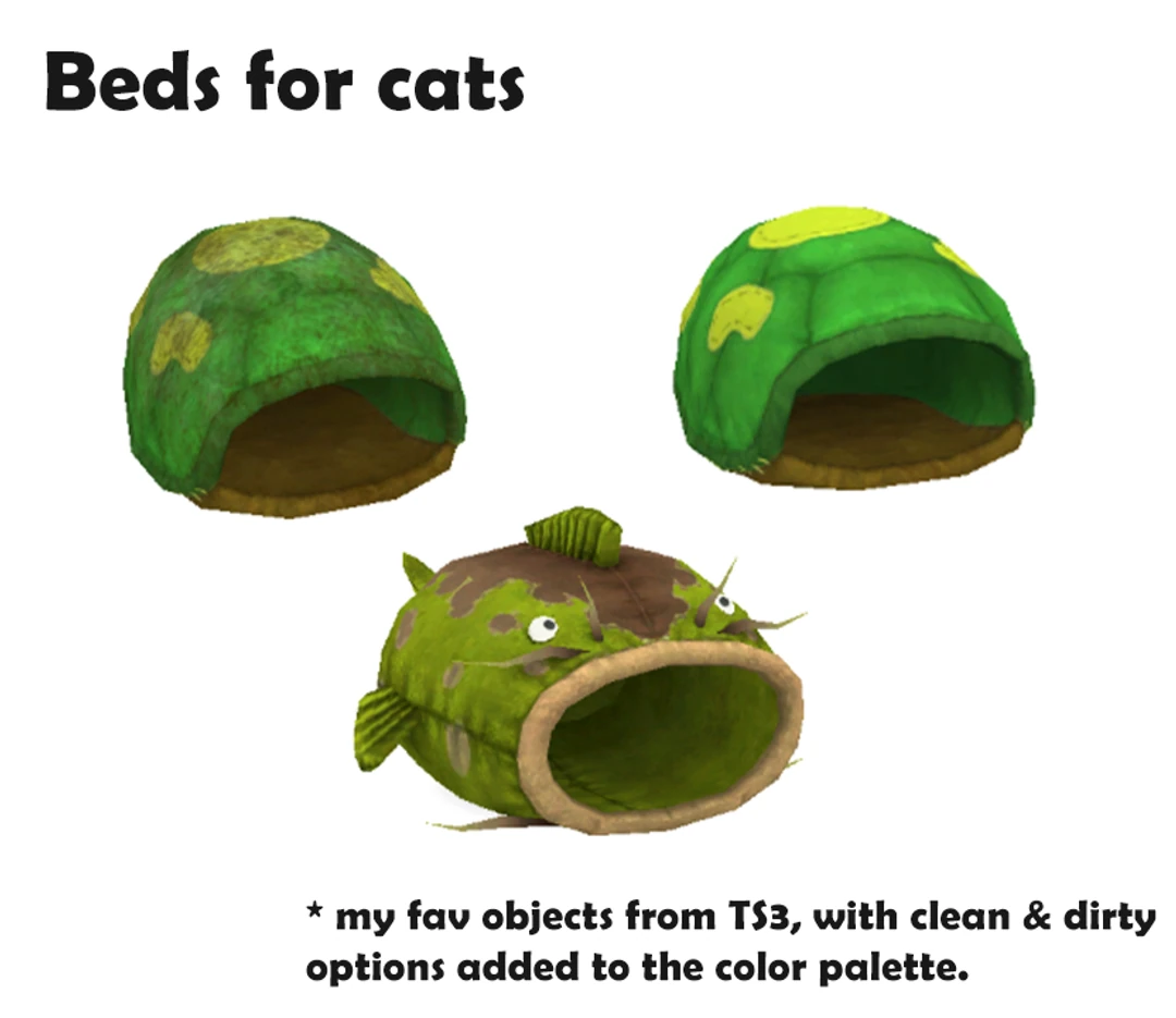 Camas verdes para gatos con diseños de tortuga y pez, en variantes limpias y sucias.