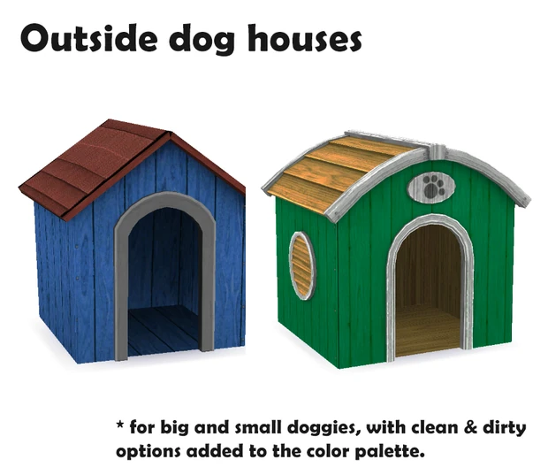 Dos casetas de madera para perros, una azul y otra verde con un logotipo de huella.