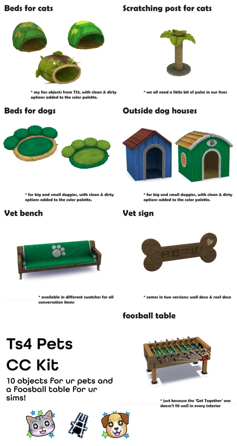 Lámina del set de Nocturne con camas, casetas, rascador, banco, letrero y futbolín para Los Sims 4.