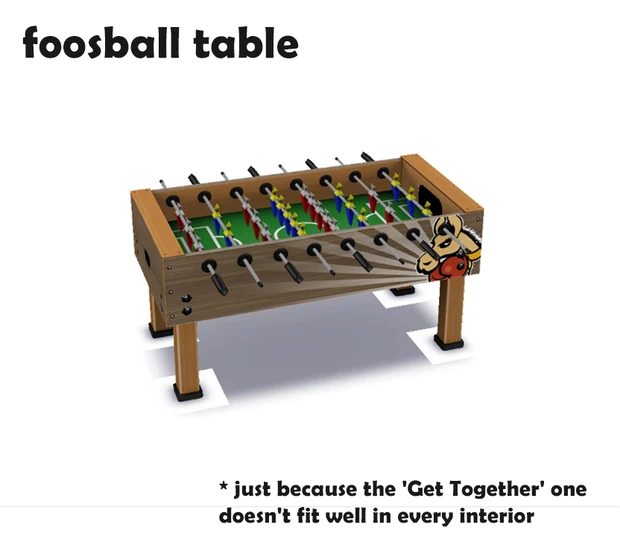 Futbolín de madera con una llama decorativa en un lateral.