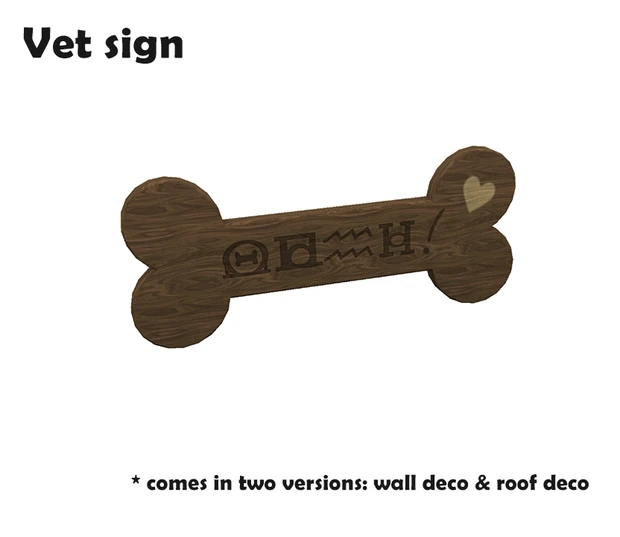 Letrero de madera con forma de hueso y letras en simlish.
