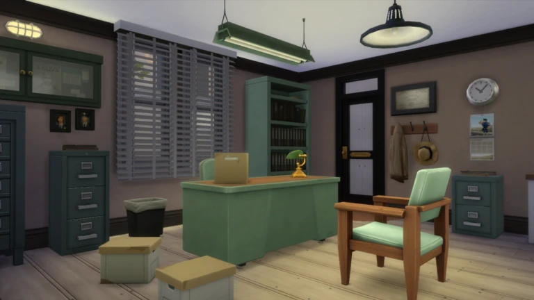Oficina de detective con escritorio, archivos y silla en Los Sims 4